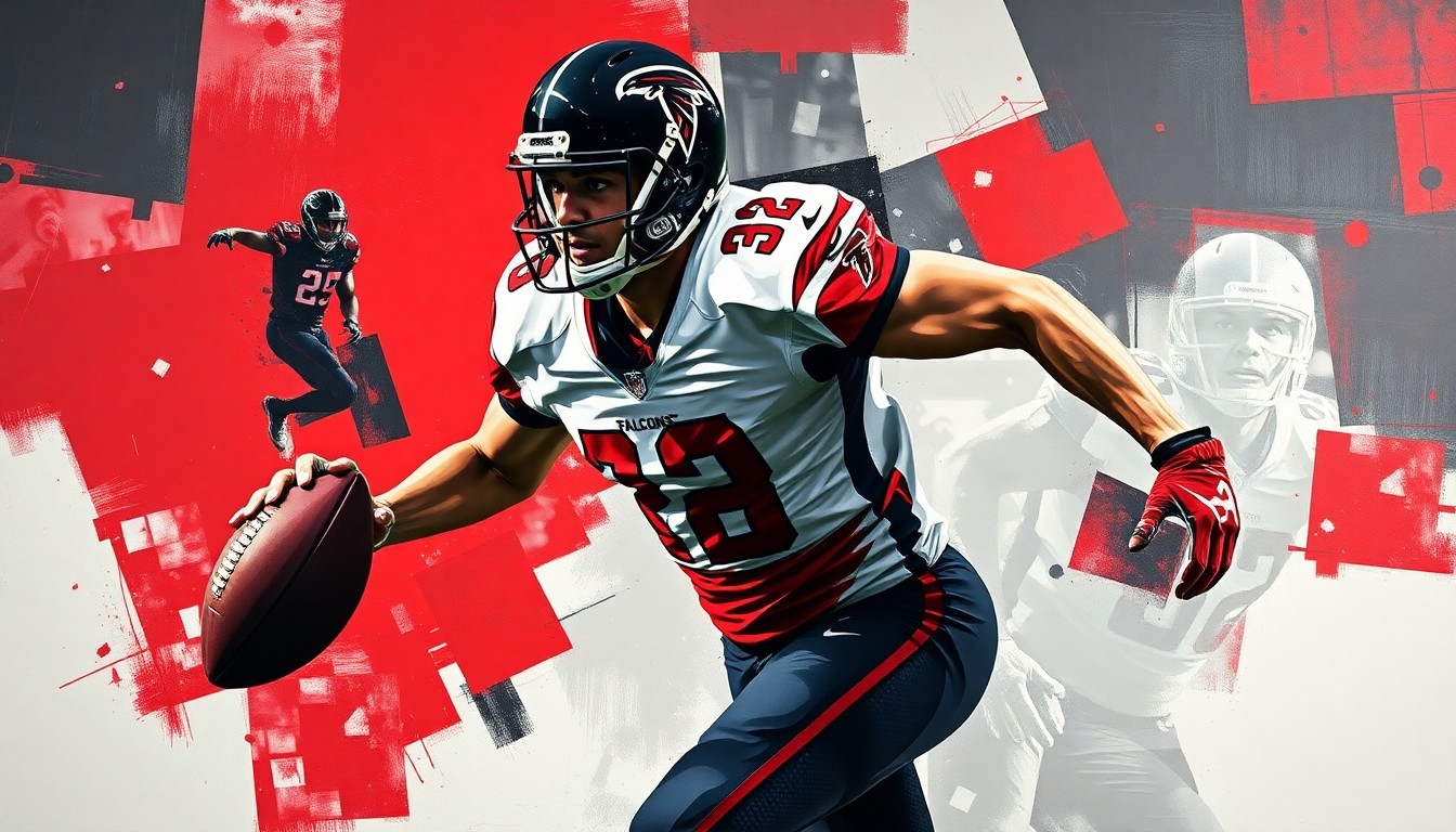 A cubist-style painting depicting a football player in mid-motion, their body broken down into overlapping geometric shapes in the Falcons' team colors of red, black, and white, conveying the complex negotiations surrounding Pitts' contract.