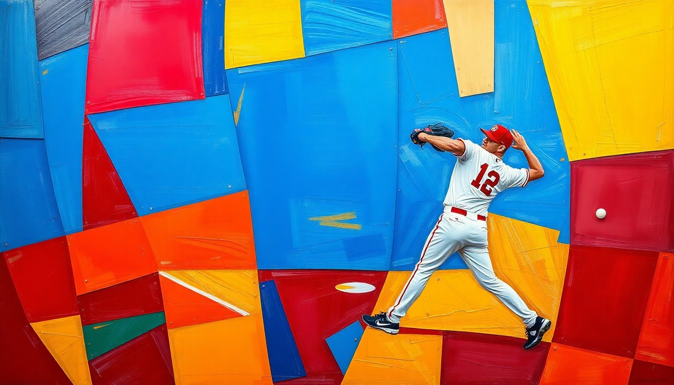 A fragmented, abstract painting depicting a baseball pitcher's motion, with sharp geometric shapes and planes in a vibrant color palette, conveying the sport's dynamic nature.