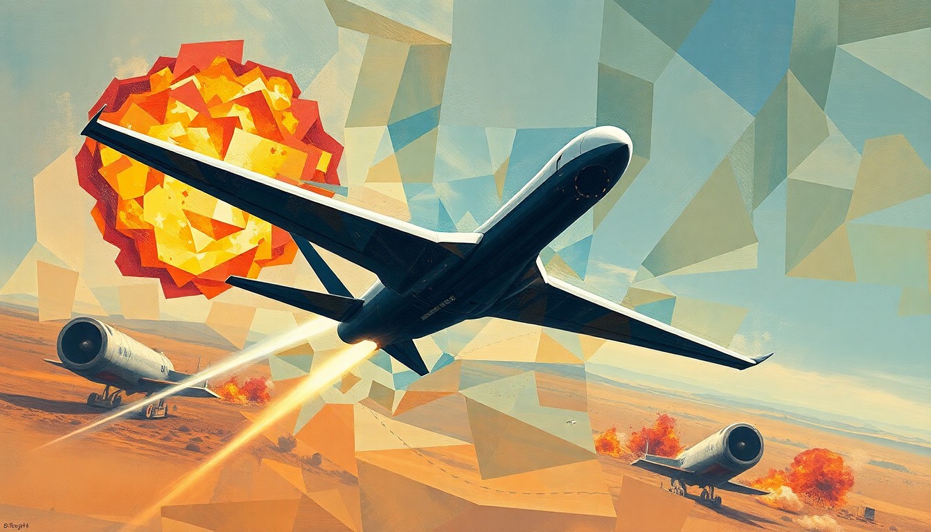 A dynamic, fragmented painting depicting a military drone or missile in flight, surrounded by a desert landscape and explosions, conveying the chaotic and violent nature of the conflict in Syria.
