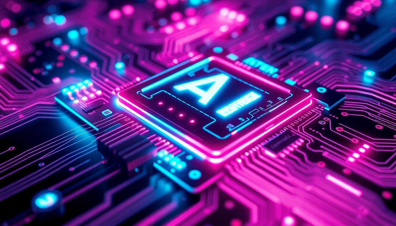 A highly detailed, glowing 3D illustration of a futuristic AI chip or circuit board, with intricate neon cyan and magenta lighting elements that suggest advanced computational power. The chip has a tangible, physical presence, conveying the idea of Anthropic's growing need for specialized hardware to power its AI models.