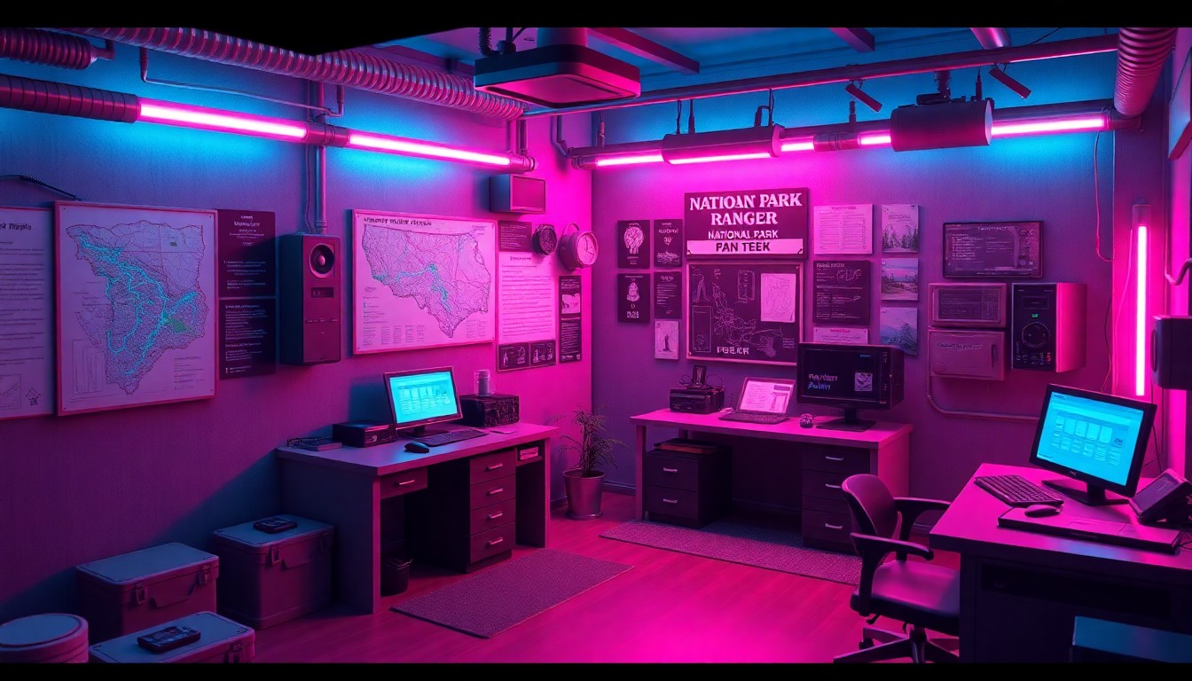 A detailed, luminous 3D illustration of a national park ranger station, featuring a desk, radio equipment, and a map of the park, all illuminated by vibrant neon lights, conceptually representing the complex responsibilities of managing a protected natural space.