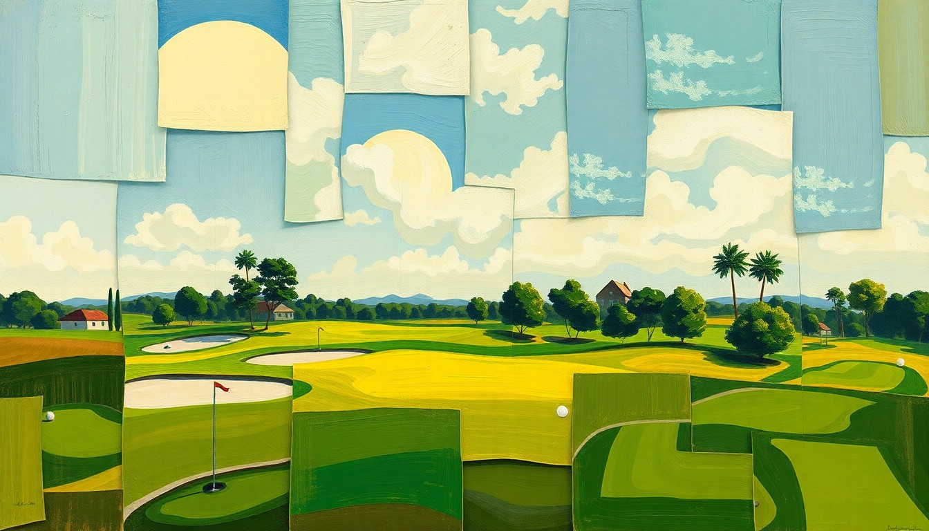 A cubist, geometric painting depicting a fractured, multi-angled view of a golf course, with sharp, overlapping planes of color representing the difficulties the PGA Tour faced in trying to hold the Sentry Tournament at Kapalua.