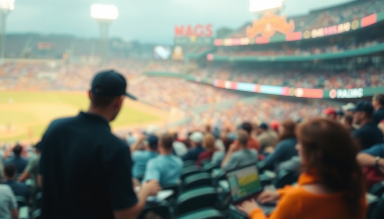 An abstract, out-of-focus scene of a baseball stadium filled with fans, some of whom are working on laptops, creating a dreamlike impression of the intersection of work and leisure.