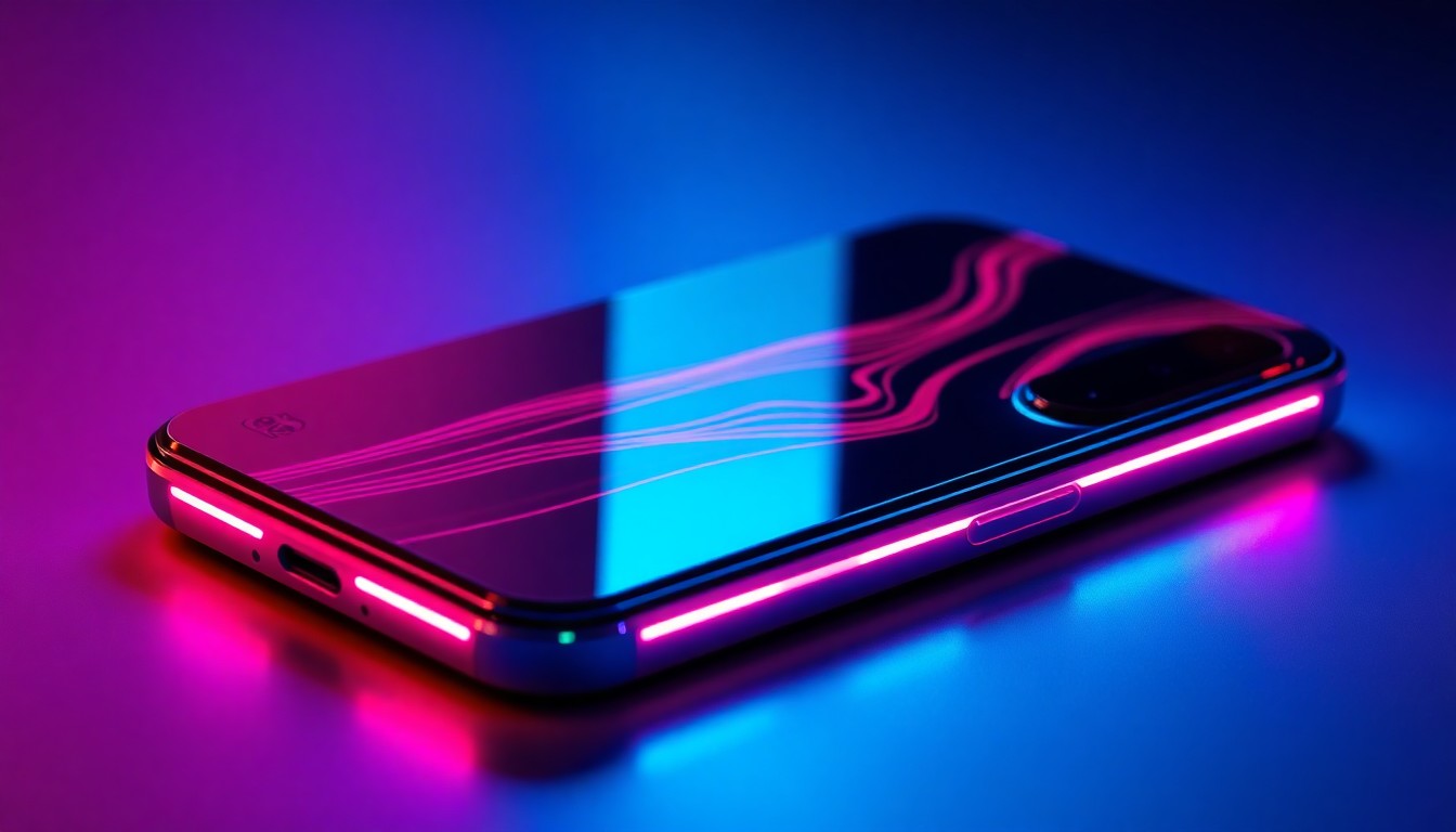 A close-up, highly detailed illustration of a futuristic Huawei smartphone glowing with neon cyan and magenta lights, representing the advanced hardware and software innovations within the device.