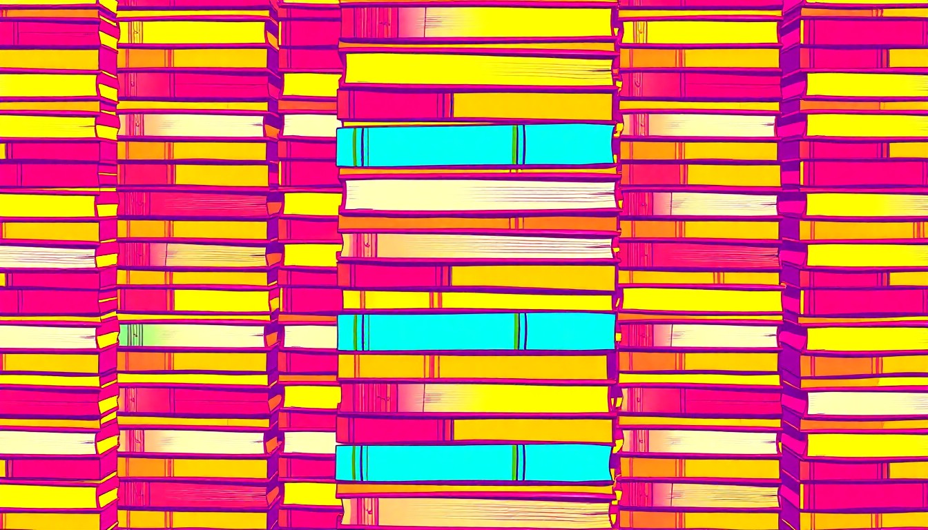 A bold, pop art-inspired illustration featuring a repeating grid of stylized school books in bright neon colors, conceptually representing the difficult decisions facing the Albany school district.