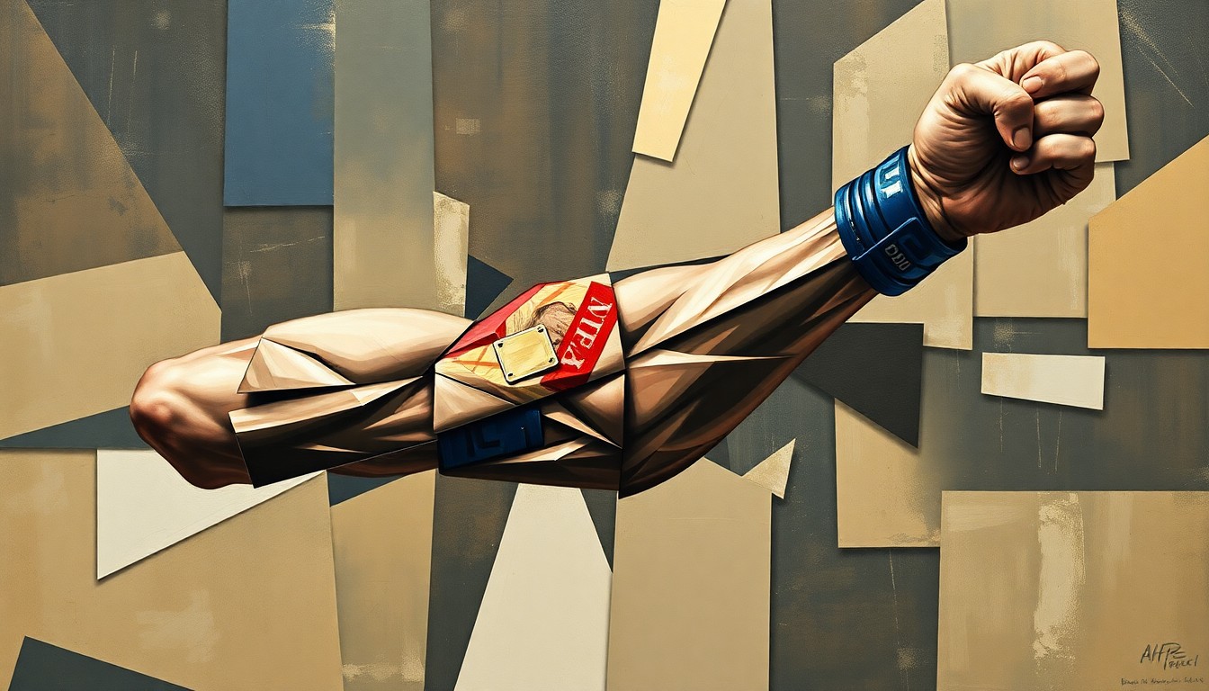 A fragmented, geometric painting depicting the complex physical and mental recovery process of a UFC fighter following a severe arm injury, with sharp planes and angles representing the unpredictable nature of the healing process.