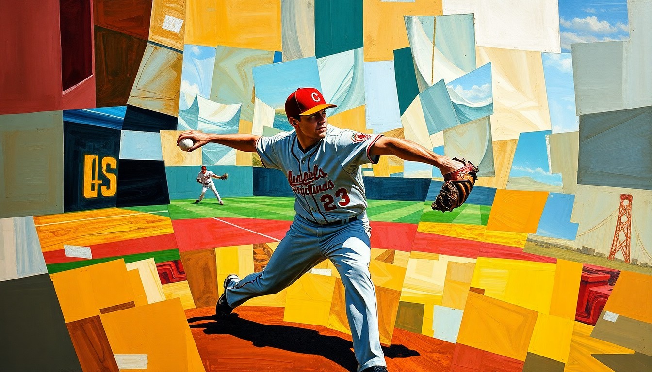 A cubist-style painting depicting a baseball pitcher's motion broken down into sharp, overlapping geometric shapes and planes, conceptually representing the Mariners' strategy of maintaining pitching depth.