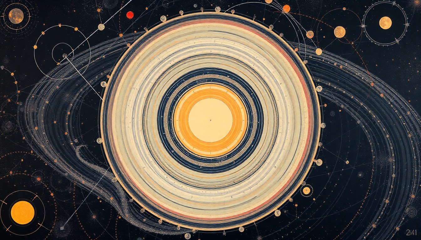 A highly structured abstract painting in soft, flat colors depicting a complex network of celestial bodies and forces, conveying the structural order of the universe without using any text or symbols.