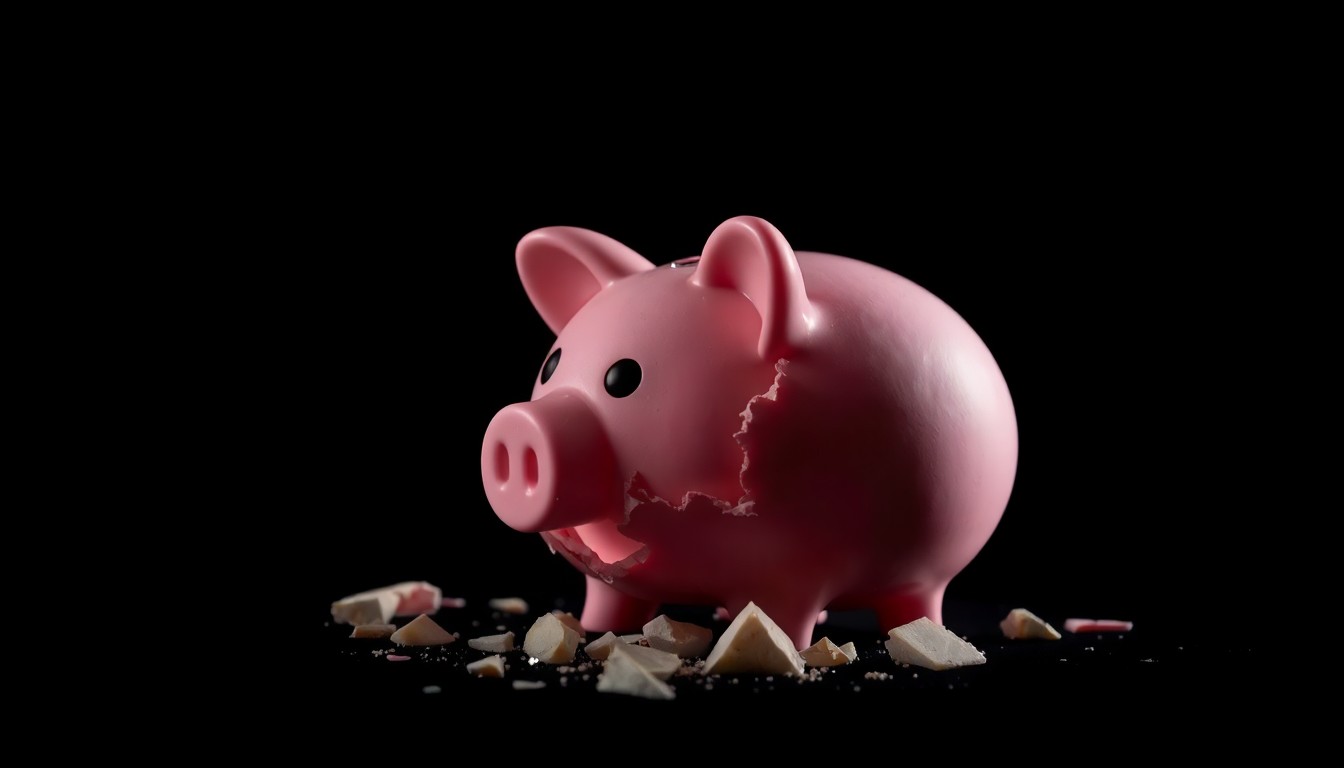 An extreme close-up of a broken piggy bank, its shattered fragments reflecting a harsh, direct flash of light, conceptually representing the devastating loss of a couple's life savings.