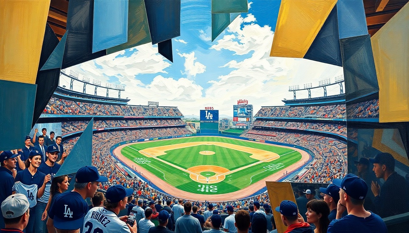 A fragmented, geometric painting depicting a baseball game between two teams, with sharp, overlapping planes of color and form representing the dynamic action and contrasting styles on the field.