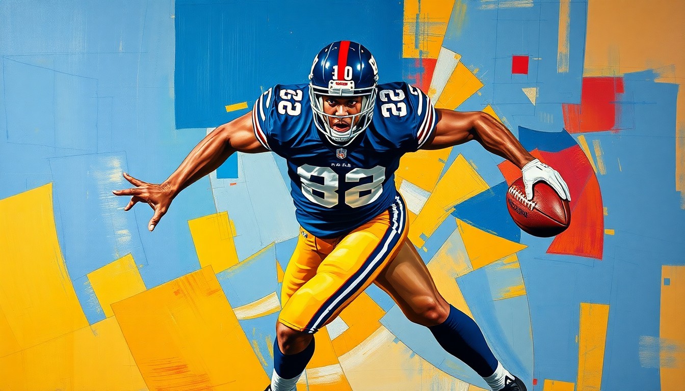 A fragmented, geometric painting in bold colors depicting a Giants defensive player in action, representing the multifaceted contract negotiations between the team and the player.