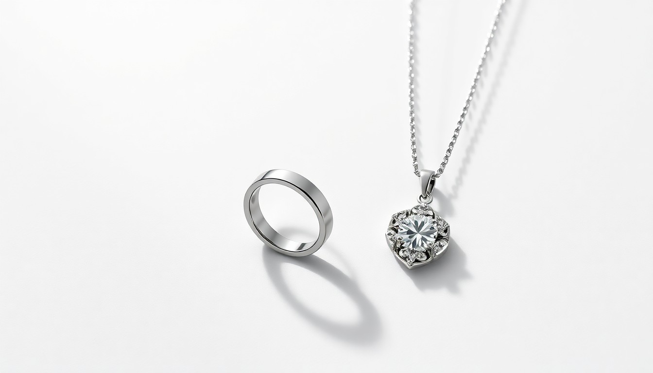 A high-end, photorealistic studio still-life photograph featuring a polished platinum ring and a silver necklace pendant elegantly arranged on a clean, monochromatic seamless background, conceptually representing Pandora's transition from silver to platinum jewelry.