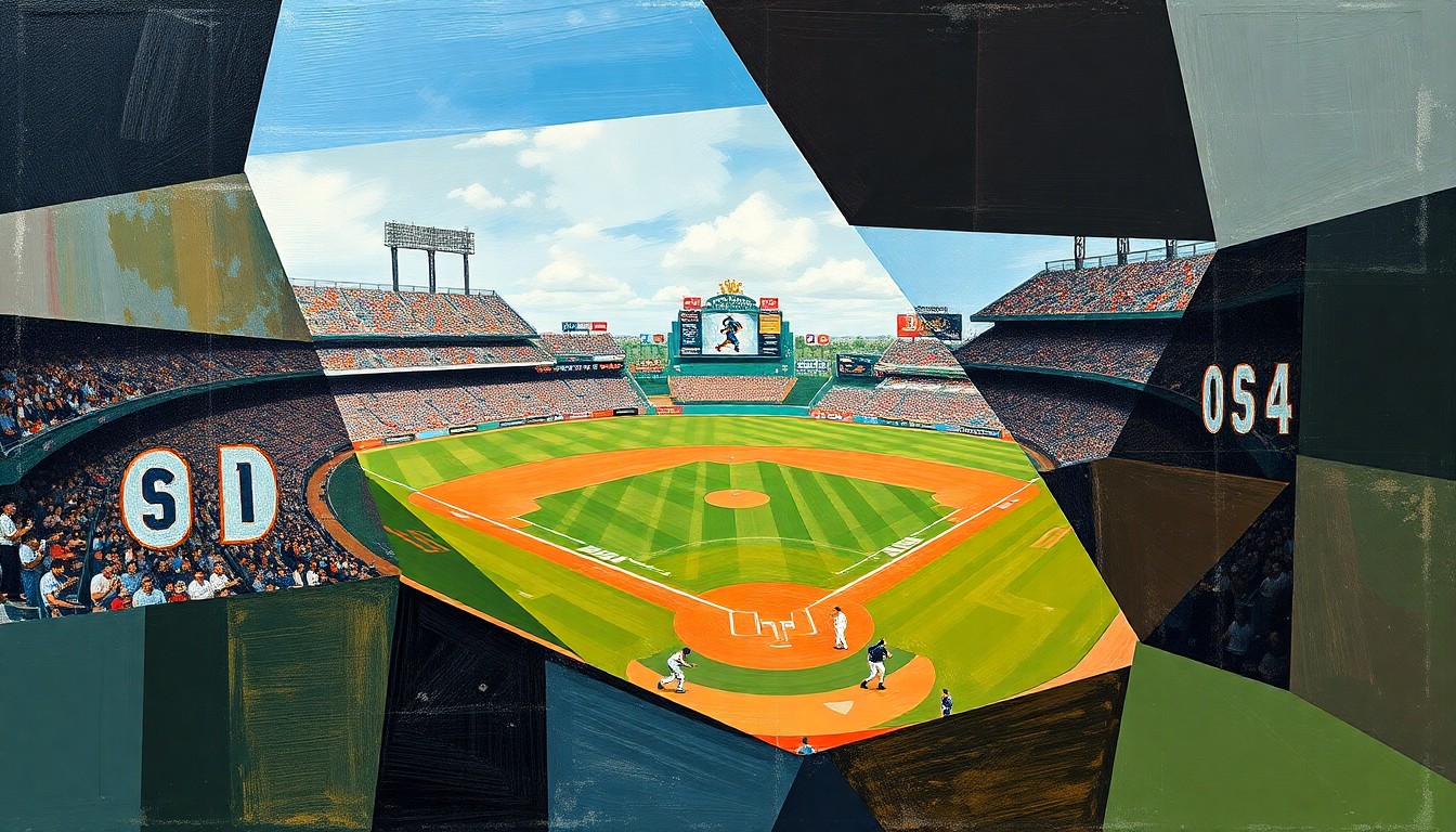 A cubist, geometric painting depicting a fragmented, multi-perspective view of a baseball game or match, with sharp, overlapping planes of color and form representing the high-stakes negotiations between players and team owners.