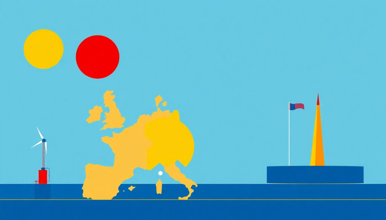A geometric abstract illustration using bold shapes and primary colors to conceptually represent the structural challenges facing Europe's energy security and gas storage strategy.