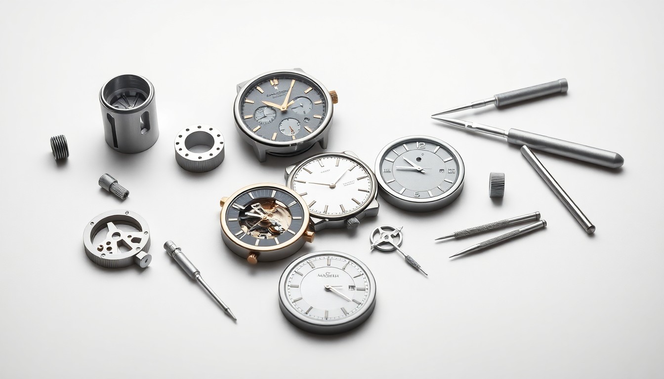 A high-end, photorealistic studio still-life photograph featuring a collection of premium, polished metal watch components and tools arranged elegantly on a clean, monochromatic background, symbolizing the precision and craftsmanship that define Jaeger-LeCoultre's approach to luxury watchmaking under Jérôme Lambert's leadership.