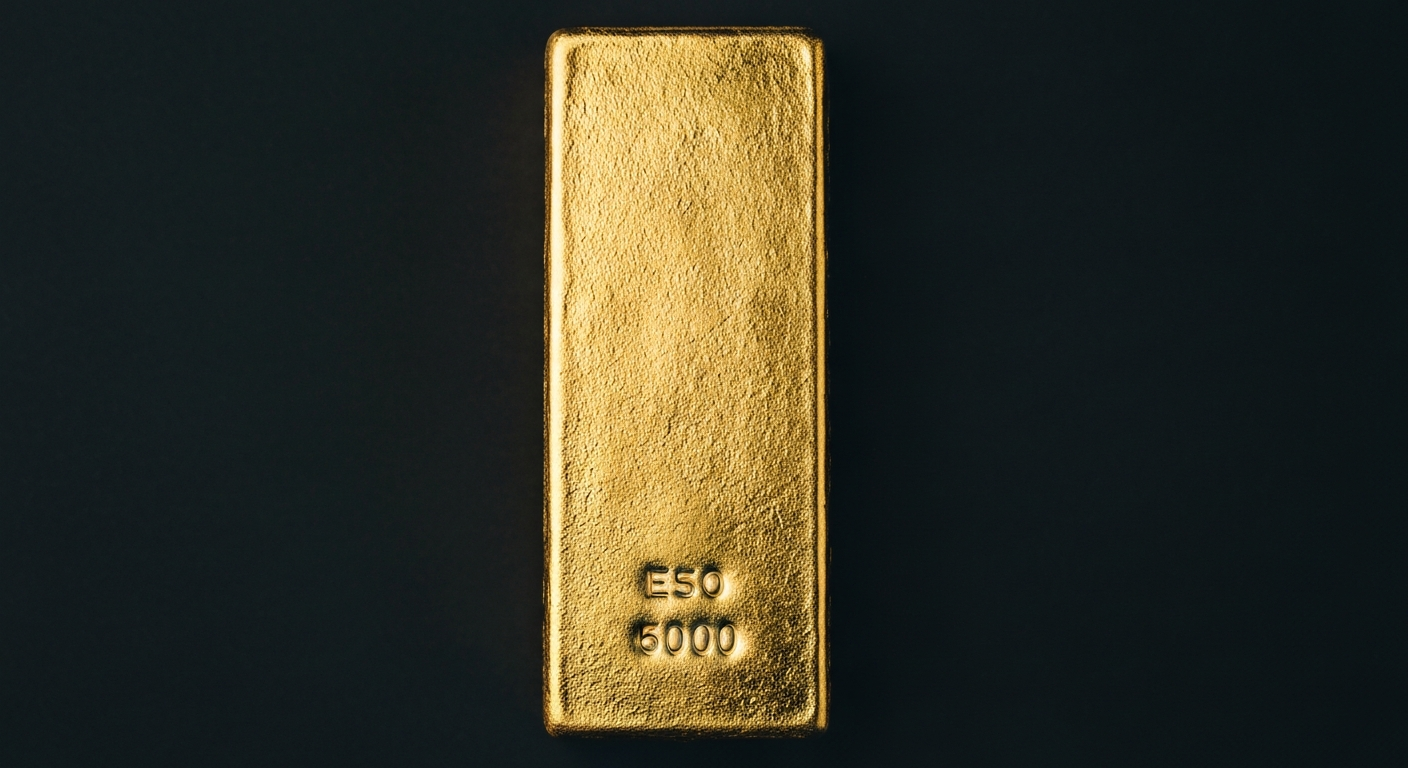 A close-up of a heavy, textured gold bullion bar, dramatically lit against a dark background, representing the market's flight to safe-haven assets amidst global economic and political turmoil.