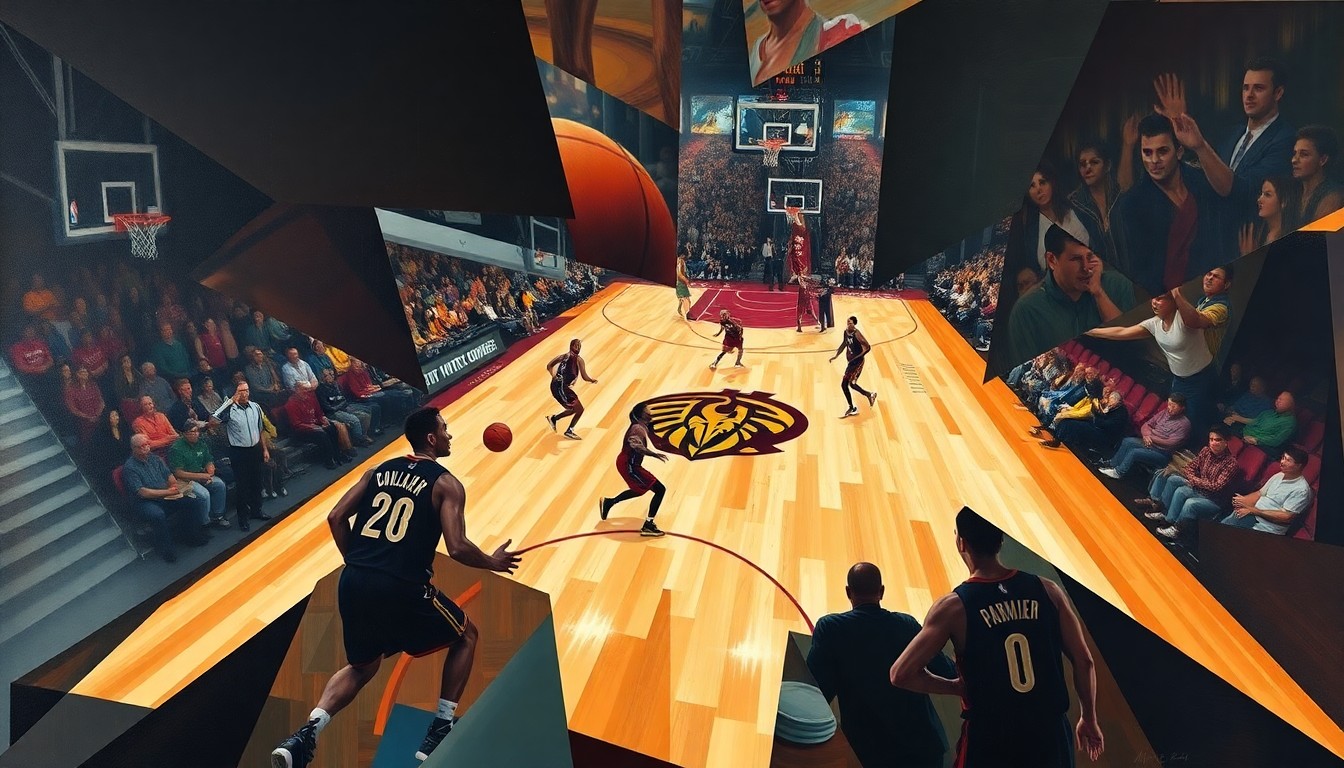 A cubist-style painting depicting a basketball game between the Cleveland Cavaliers and New Orleans Pelicans, with the players and court broken down into sharp, overlapping geometric shapes and planes, creating a dynamic and visually striking representation of the action.