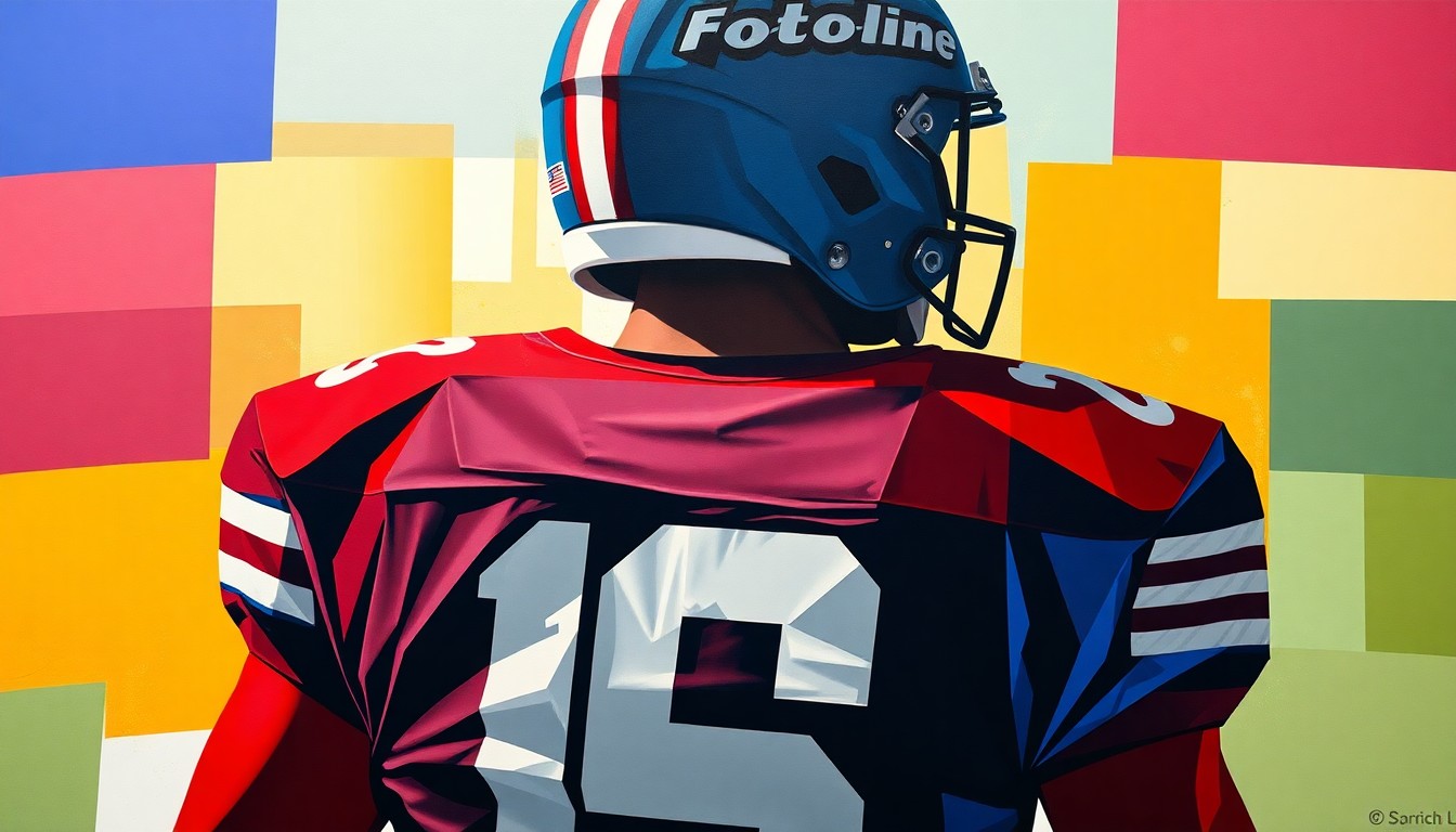 A cubist-style painting depicting the silhouette of a football player, with the jersey number partially visible, broken down into sharp, overlapping geometric shapes in the team colors of the University of Florida and Ohio State University. The abstract style captures the competitive and intricate nature of college football recruiting.