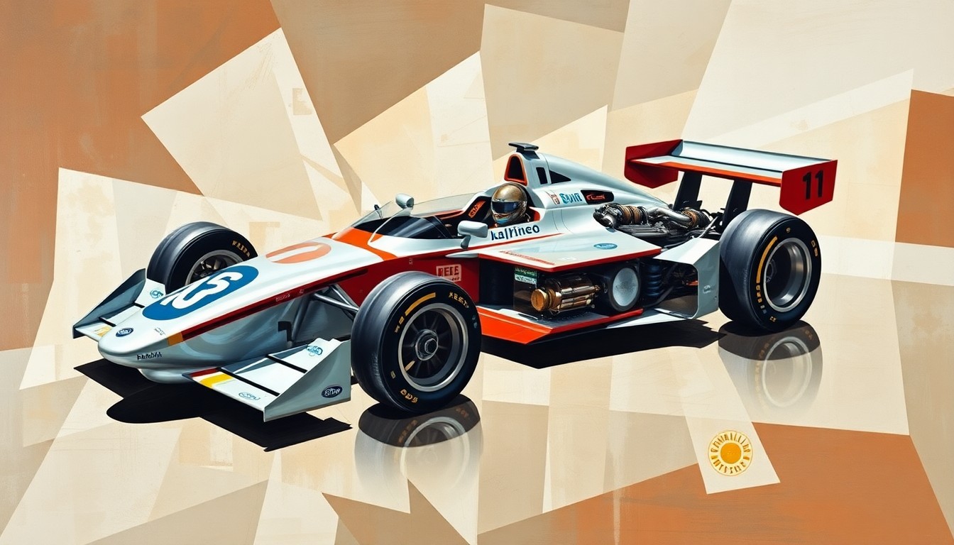 A fractured, multi-perspective painting that breaks down the Alpine A526 Formula 1 car into sharp, overlapping geometric planes, capturing the vehicle's unique design features in an abstract, visually striking manner.