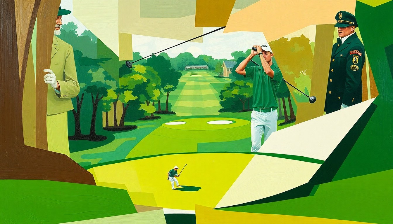 A cubist, geometric painting depicting Rory McIlroy's golf swing and approach shot at the Masters, with sharp, overlapping planes of color representing the dynamic motion of the game.