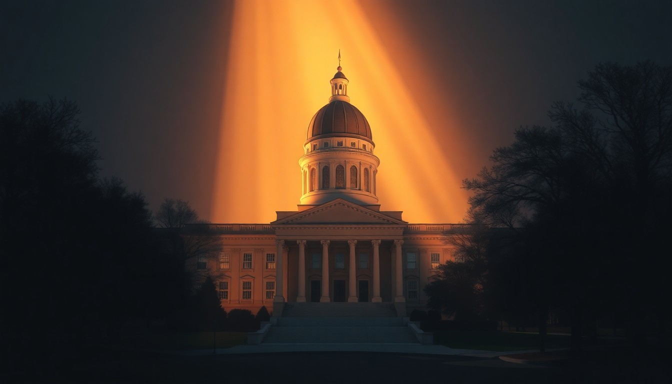 A photorealistic painting of the Alabama State Capitol building, with warm sunlight casting deep shadows across the classical architecture, conveying a sense of quiet contemplation and the importance of the state's legislative proceedings.