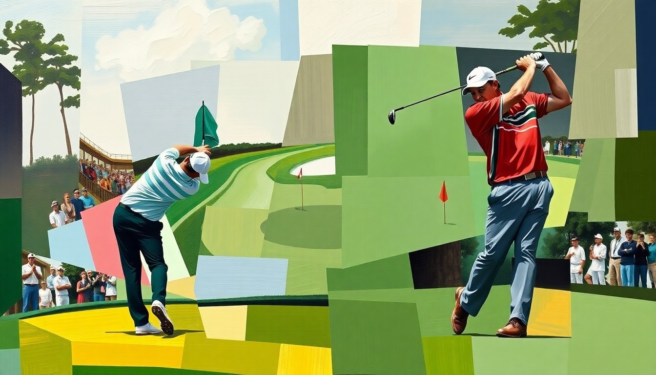 A fractured, cubist-style painting depicting the golf swings and competition of two players on the Augusta National course, with sharp, overlapping geometric planes representing the dynamic action of the sport.