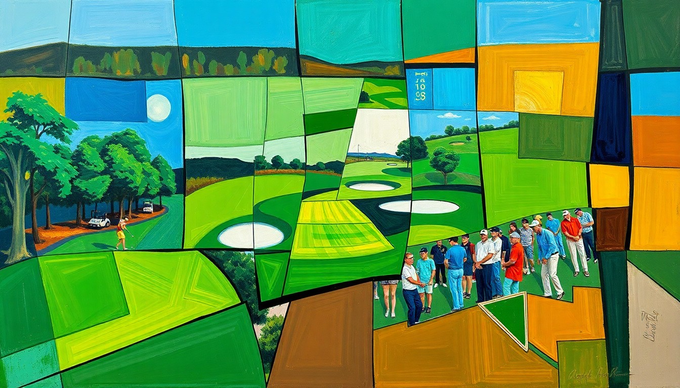 A fragmented, geometric painting in shades of green, blue, and brown, depicting the dynamic action of a golf tournament in an abstract, deconstructed style.