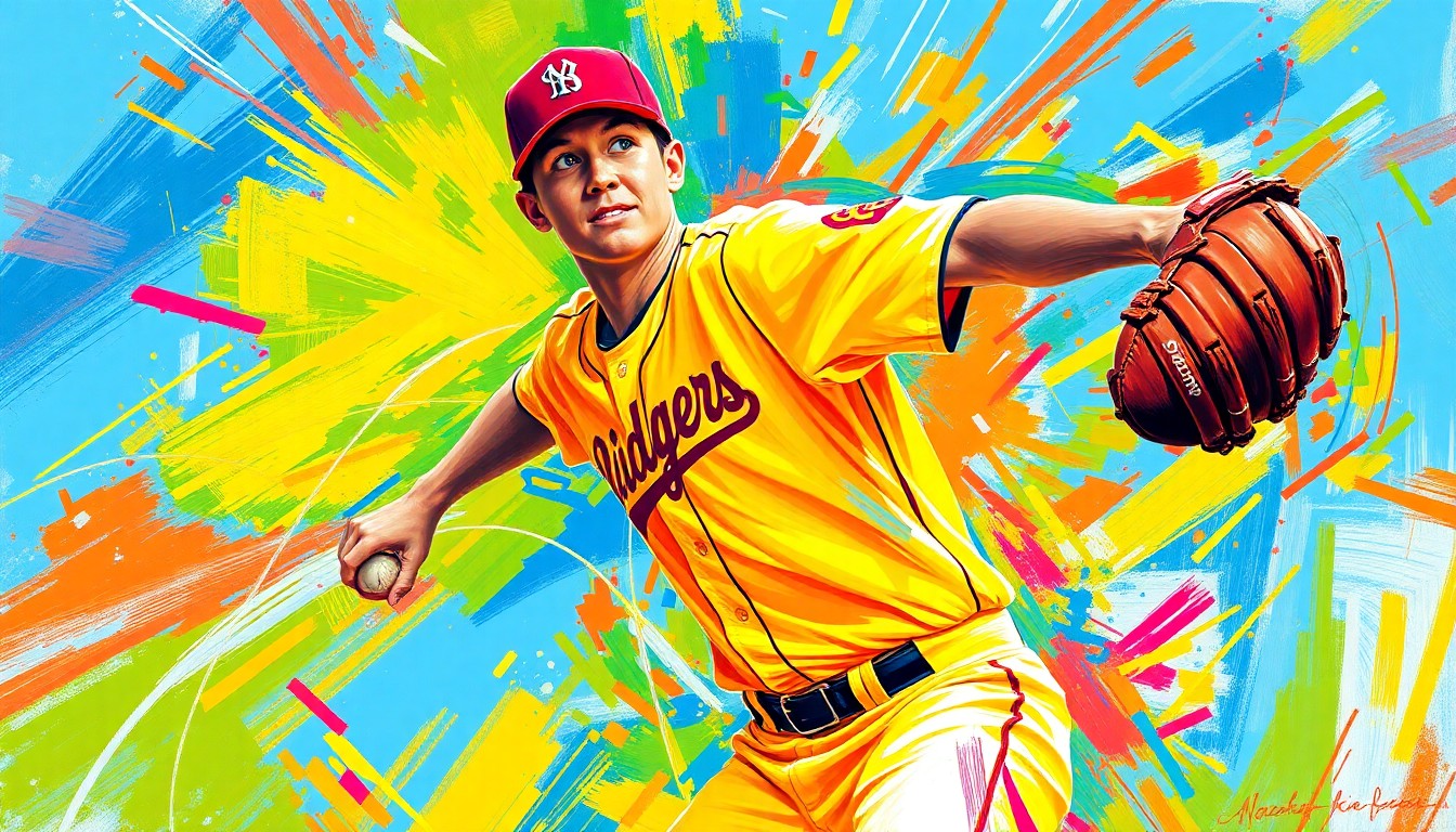 A vibrant, textured painting in neon colors depicting the powerful pitching motion and batting swing of a high school baseball player, capturing the raw energy and athleticism of the sport.