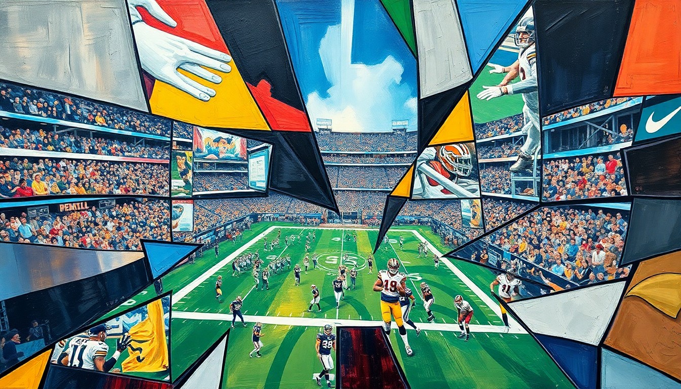 A cubist, geometric painting depicting fragmented and overlapping scenes of football players and NFL Combine events, capturing the energy and excitement of the annual scouting showcase.