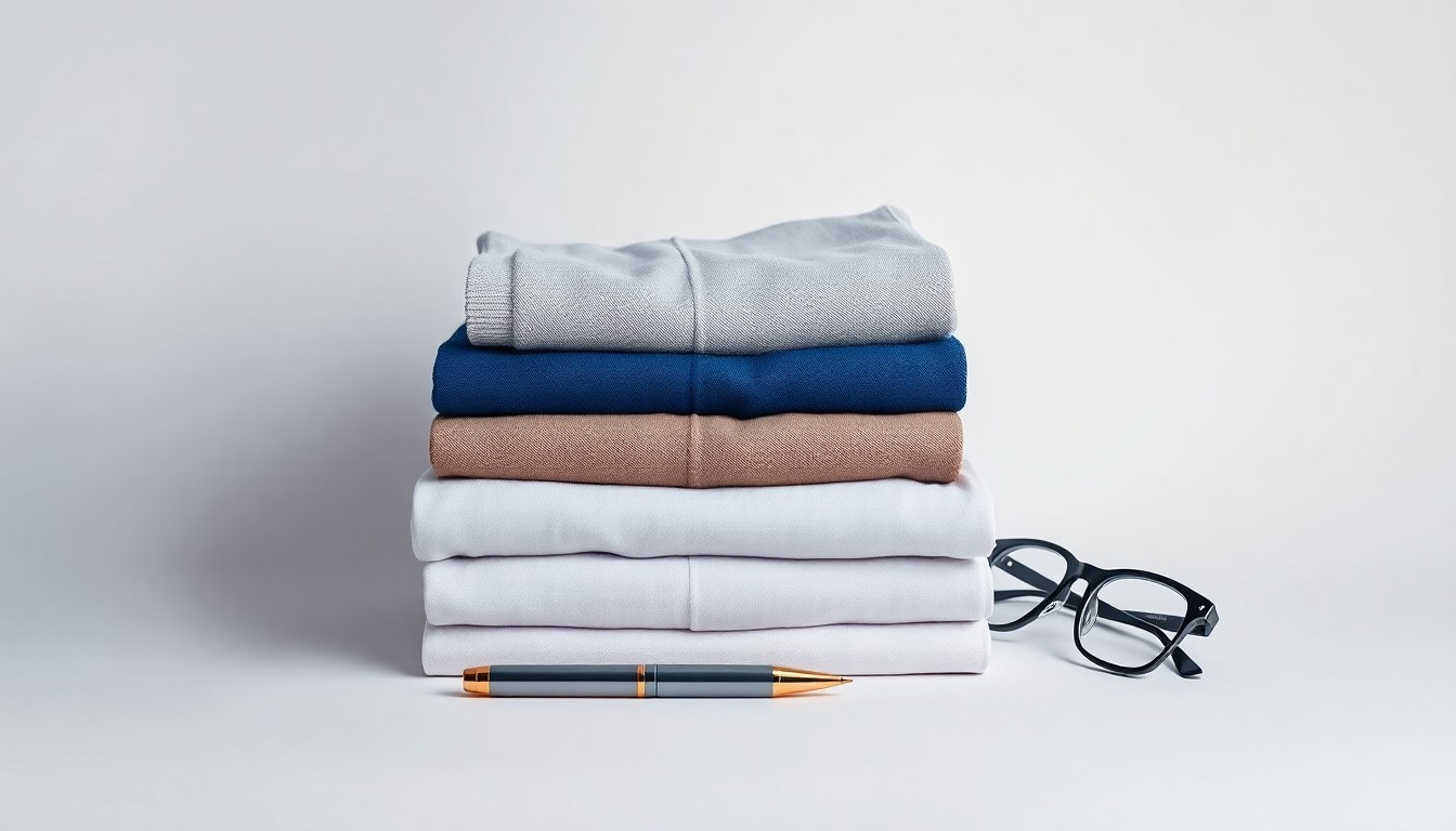 A high-end, photorealistic studio still-life photograph featuring a stack of neatly folded Gap brand clothing items, a pen, and a pair of eyeglasses arranged elegantly on a clean, monochromatic seamless background, conceptually representing the abstract corporate strategy and finance behind an insider stock transaction.