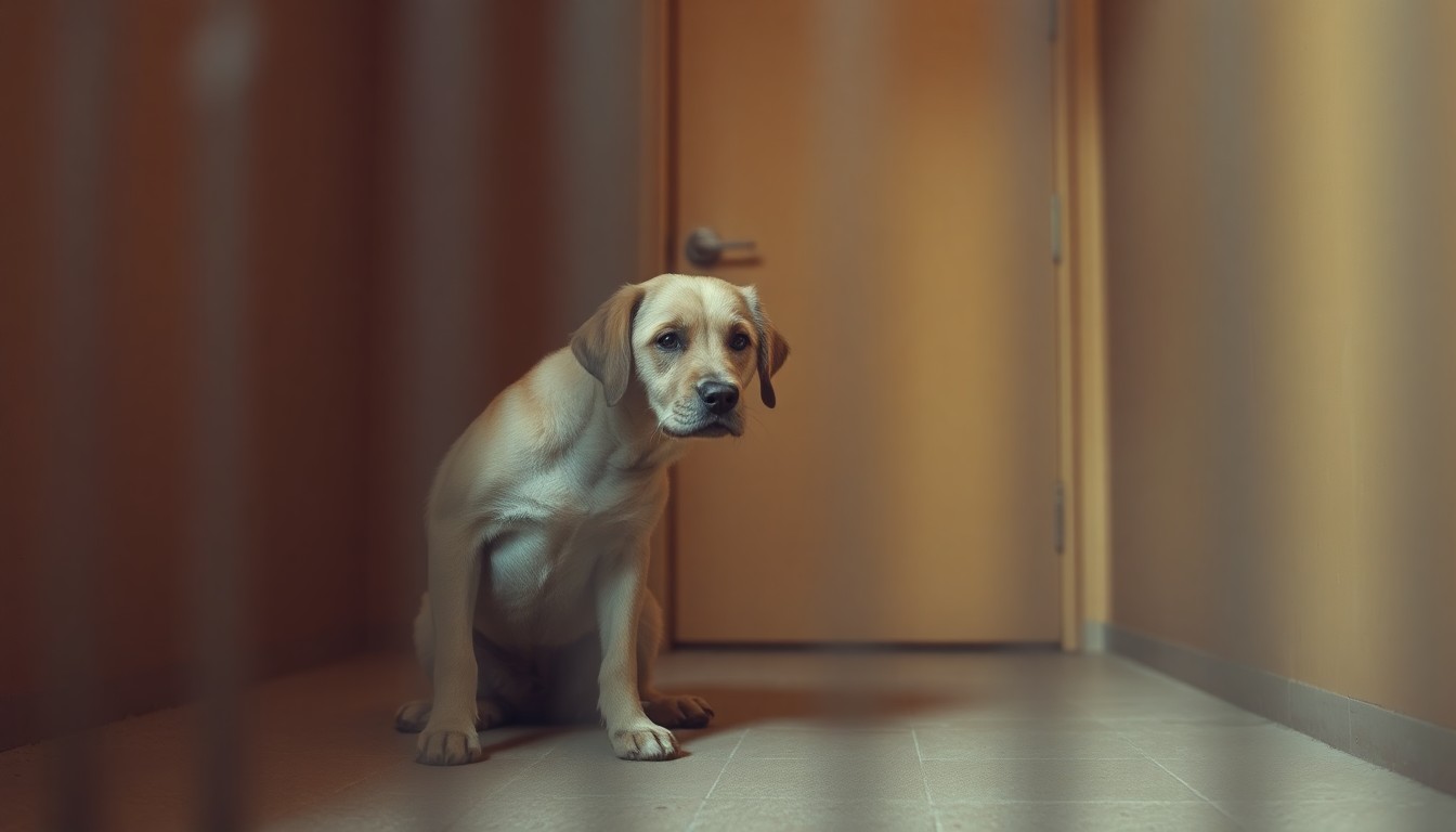 An extremely abstracted, out-of-focus photograph in soft pools of warm color and light, depicting the blurred outline of an elderly dog sitting alone in a kennel, with the blurred outline of a door in the background, conveying a sense of longing and confusion.