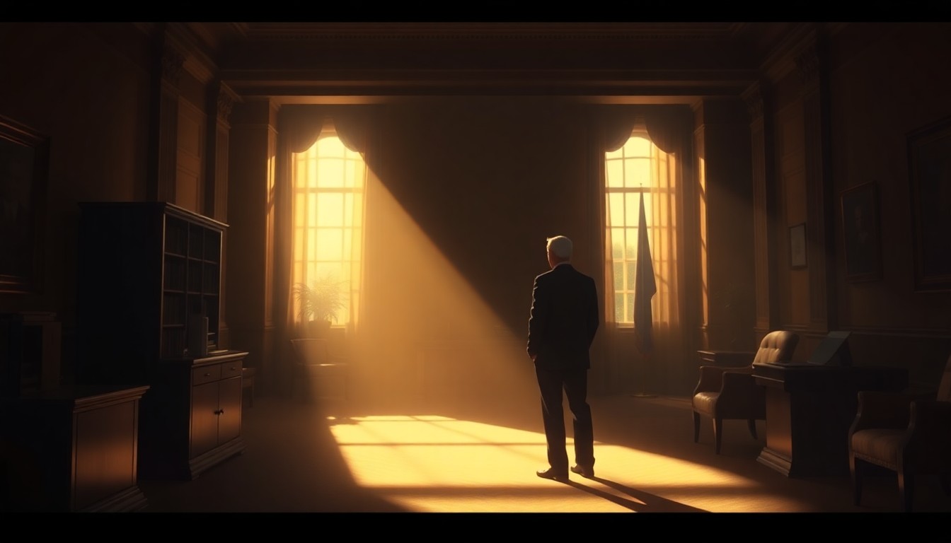 A serene, cinematic painting of a solitary political figure in a dimly lit government office, the scene conveying a sense of contemplation and unease over the divisive Iran war debate.