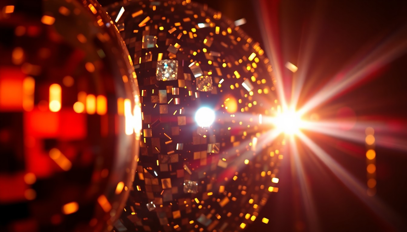 An extreme close-up photograph of glittering, reflective disco ball shards against a dark background, creating a dramatic, high-contrast visual that captures the glamorous, high-energy mood of the Framework In The Desert afterparty event.