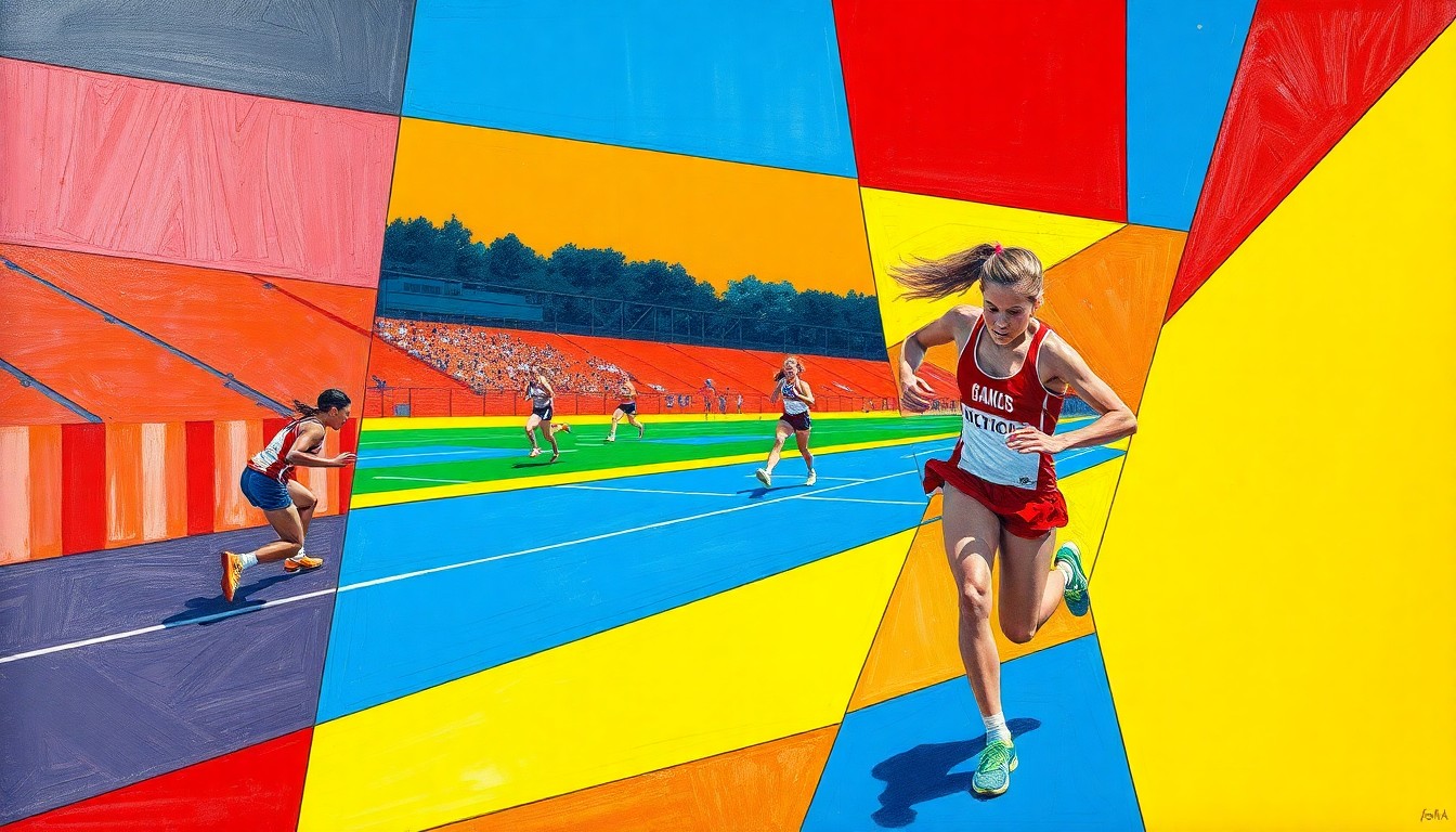 A fractured, multi-perspective painting in bold, overlapping geometric shapes and planes of vibrant blue, red, and yellow, conceptually representing the high-energy action of a high school girls track and field competition.