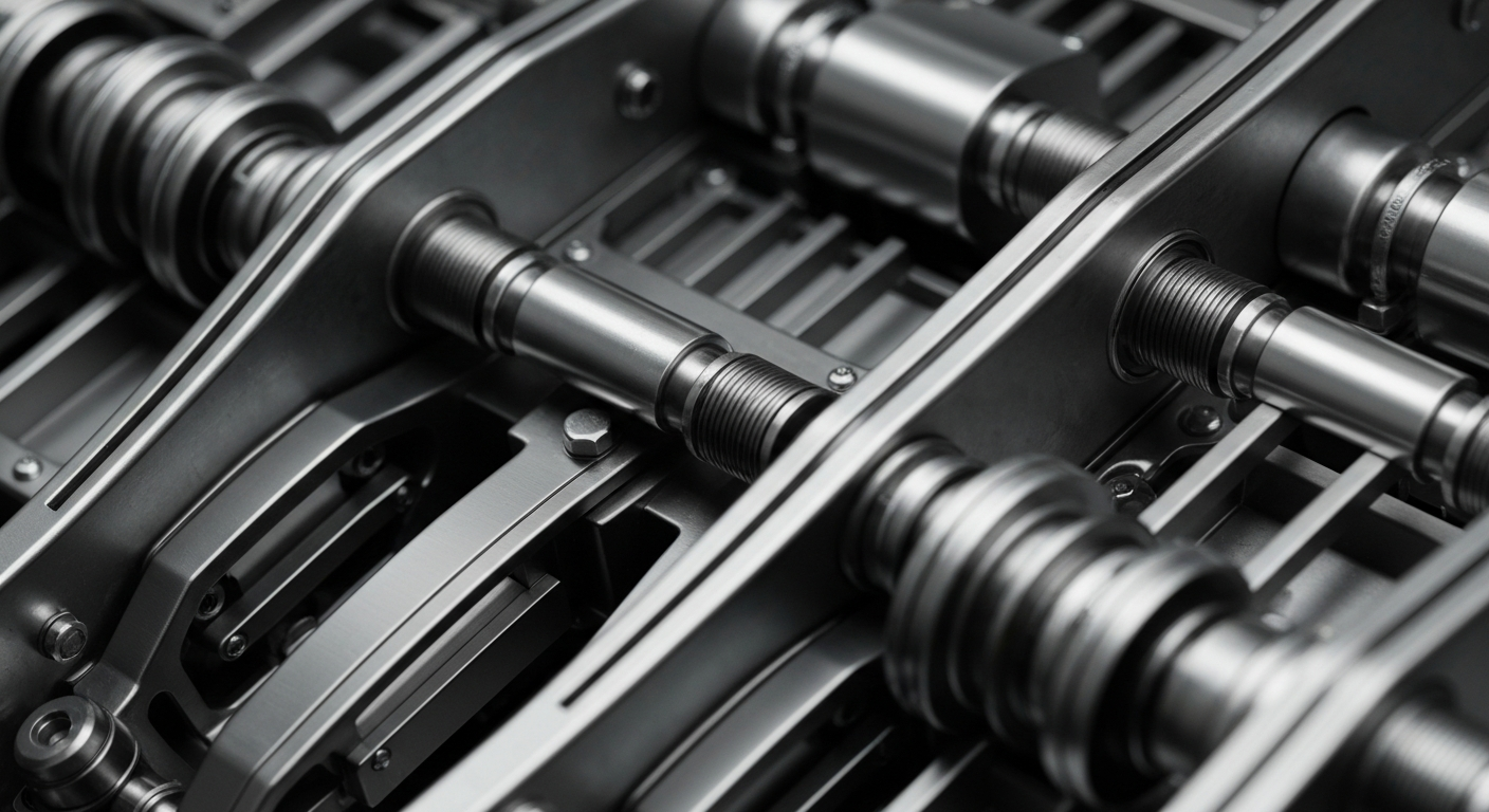 A close-up, cinematic view of heavy, industrial banking machinery and equipment in shades of steel gray, gunmetal, and chrome, representing the secure, institutional nature of finance without using literal currency or charts.