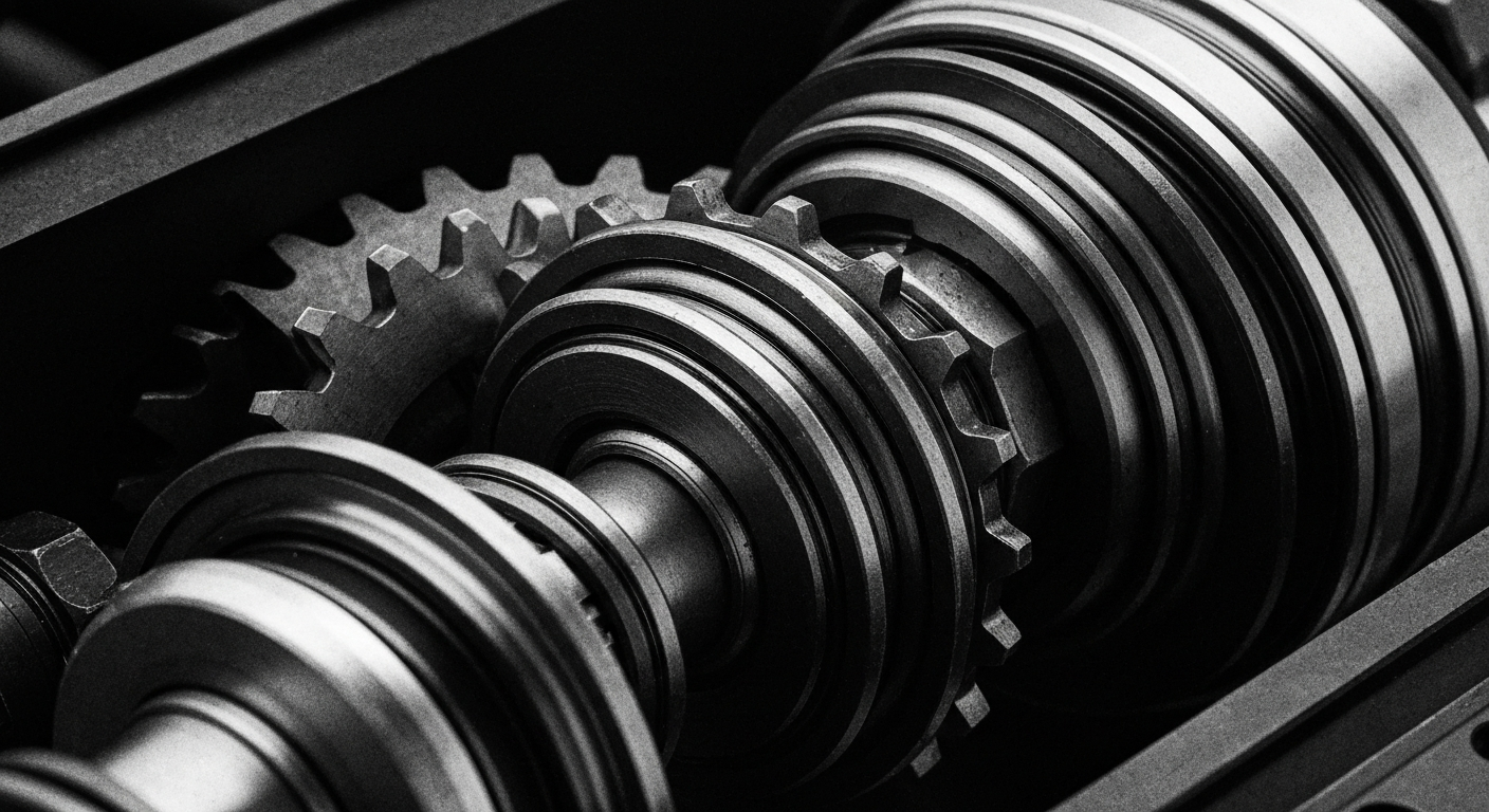 A close-up, cinematic image of the intricate gears, pistons, and mechanical components that make up the internal workings of a high-performance shock absorber or suspension system, captured in a bold, textured style that conveys a sense of engineering precision and industrial strength.