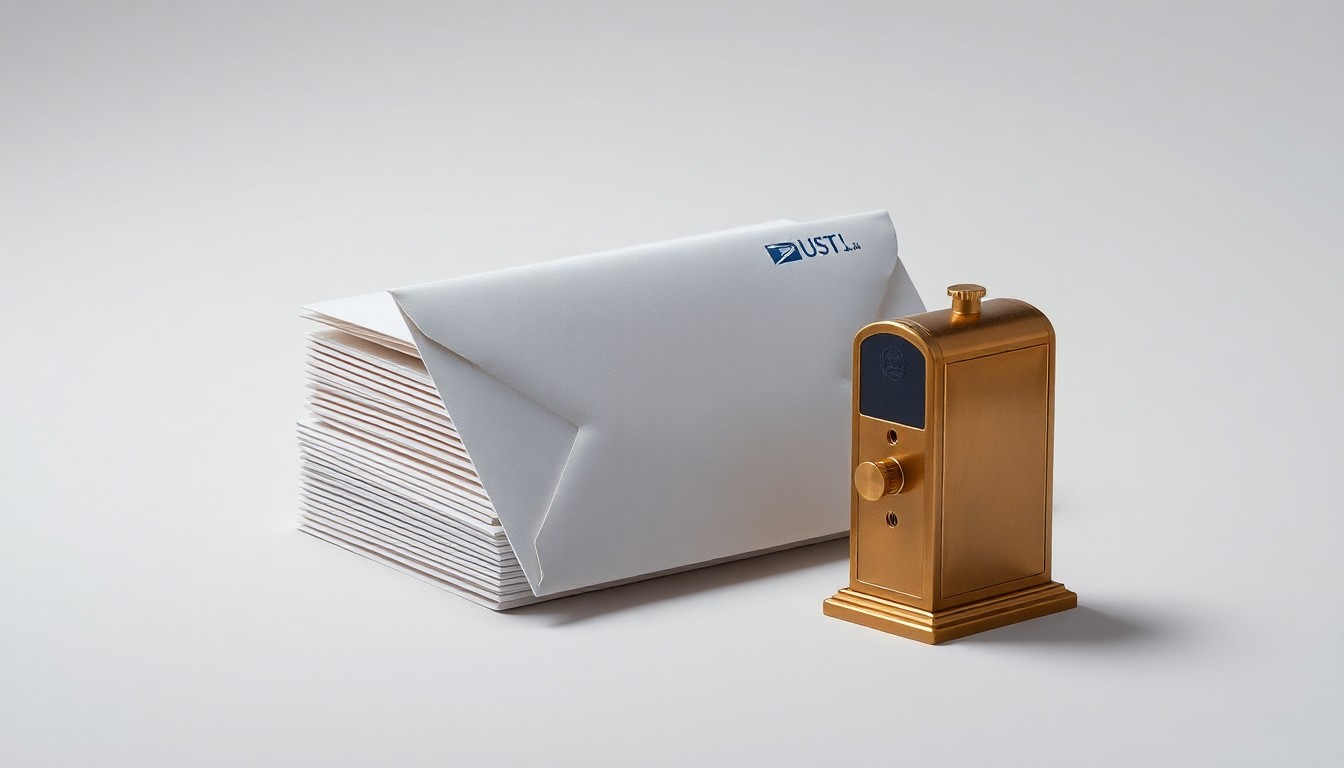 A high-end, photorealistic studio still-life photograph featuring a stack of USPS-branded envelopes and a vintage brass stamp dispenser, arranged elegantly on a clean, monochromatic seamless background. The objects are made from polished raw materials and clean geometric shapes, using sharp, dramatic studio lighting and deep shadows to represent the abstract corporate strategy and financial challenges facing the Postal Service.