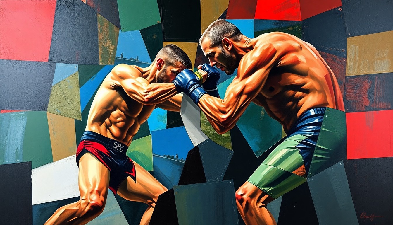 A fractured, geometric painting depicting the abstract movements and power dynamics of a wrestling or MMA match, with sharp, overlapping planes of color representing the contrasting physical attributes of the competitors.