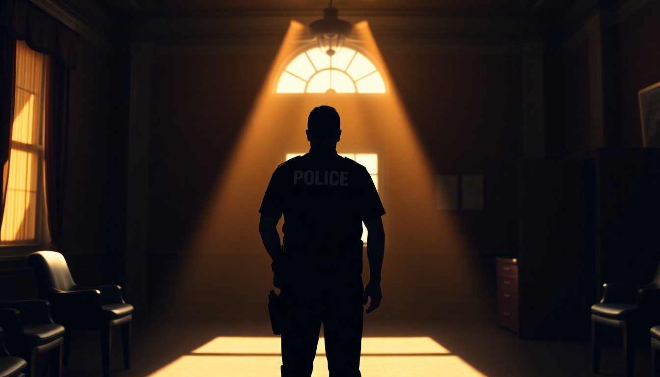 A cinematic painting of a lone law enforcement officer standing in a dimly lit government office, the scene bathed in warm diagonal sunlight and deep shadows, conceptually representing the state's ongoing efforts to combat gun violence through legal and enforcement actions.