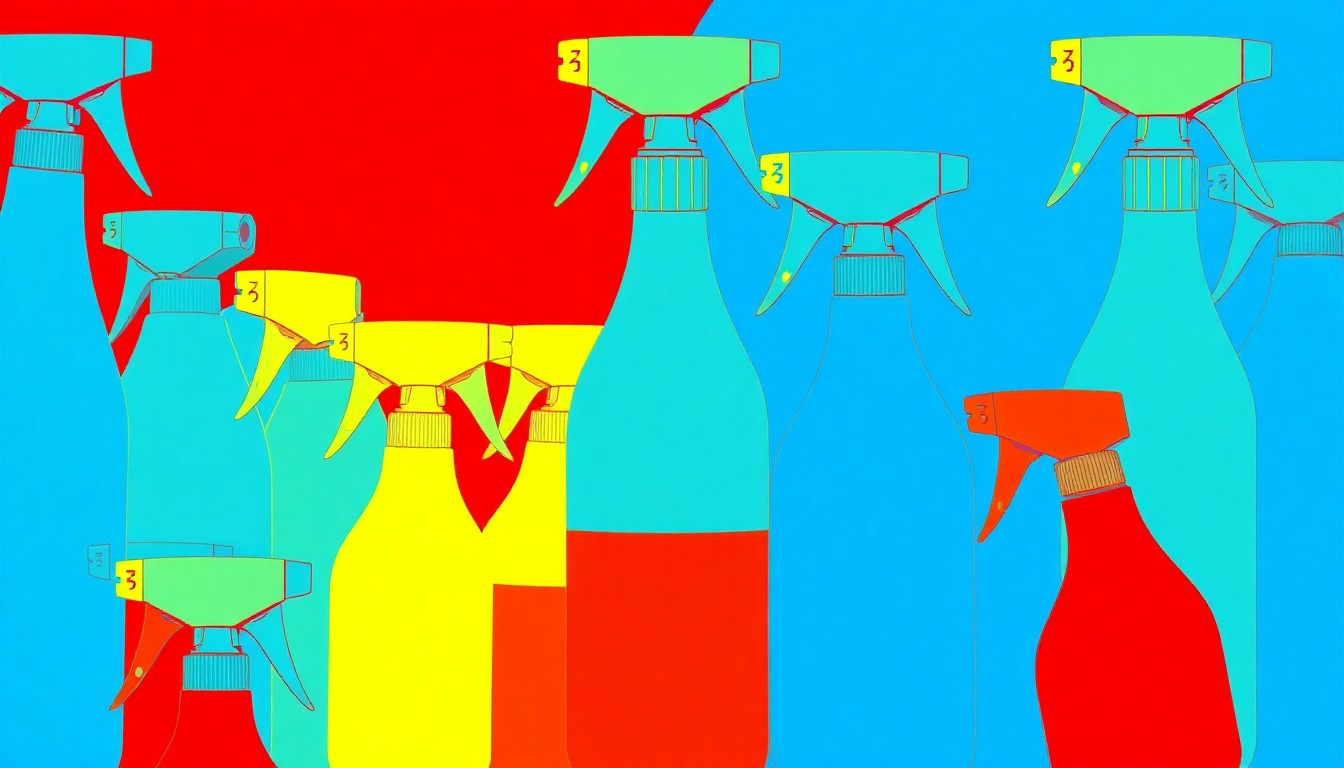 A boldly colored, silkscreen-style illustration featuring a repeating pattern of a spray bottle or other cleaning tool, rendered in a striking neon palette with heavy black outlines to create a modern, conceptual representation of the importance of dilution ratios.