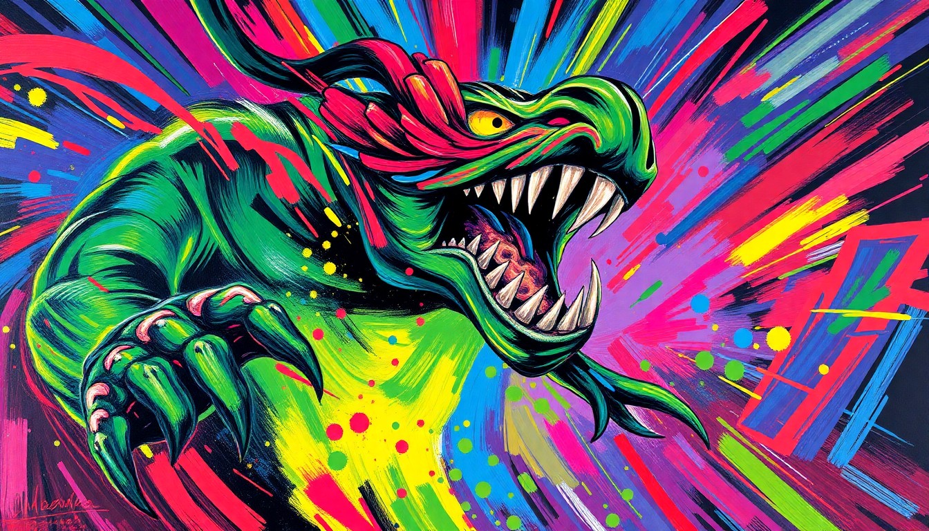 An abstract, expressionist painting in neon colors depicting the intense energy and action of a hockey game, with players' movements and the puck blending into a vibrant, dynamic composition.