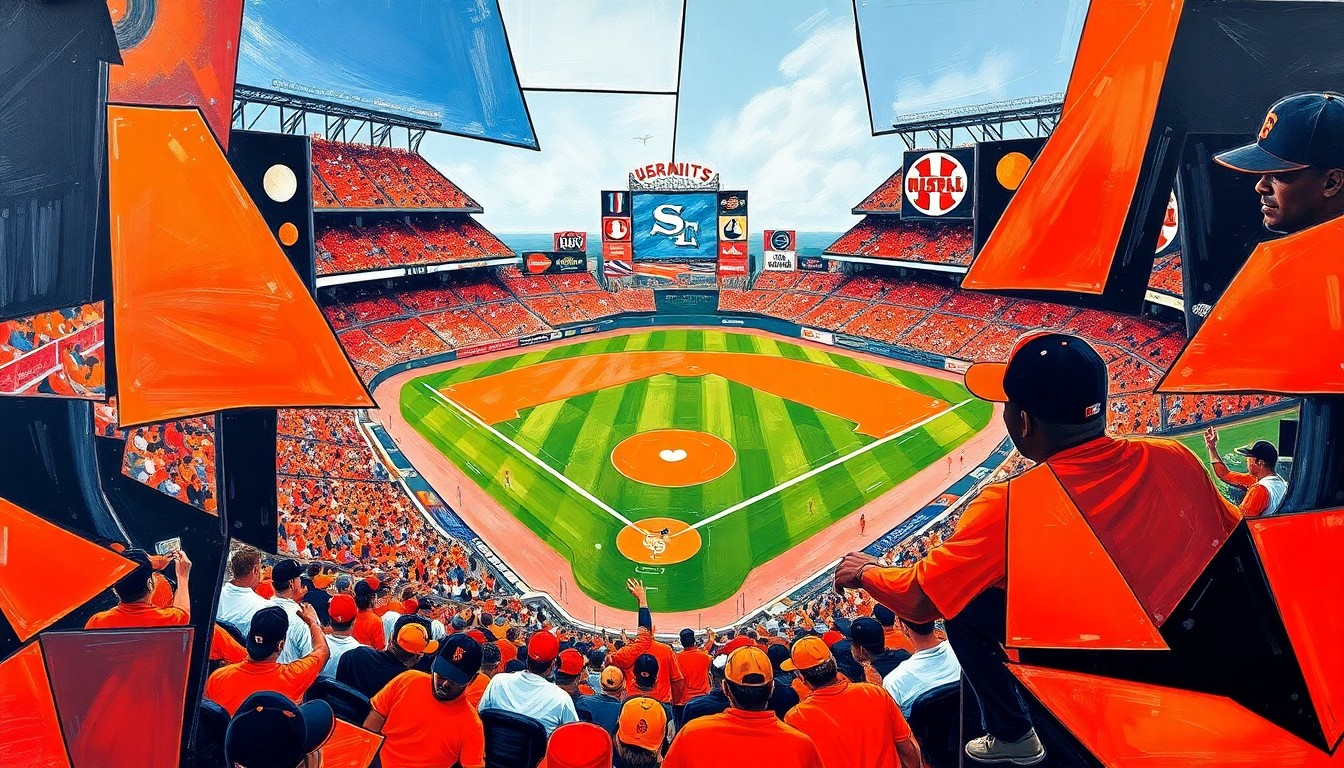 A fractured, multi-perspective painting in bold, vibrant colors representing the action of a baseball game between two teams, with no recognizable figures or logos.