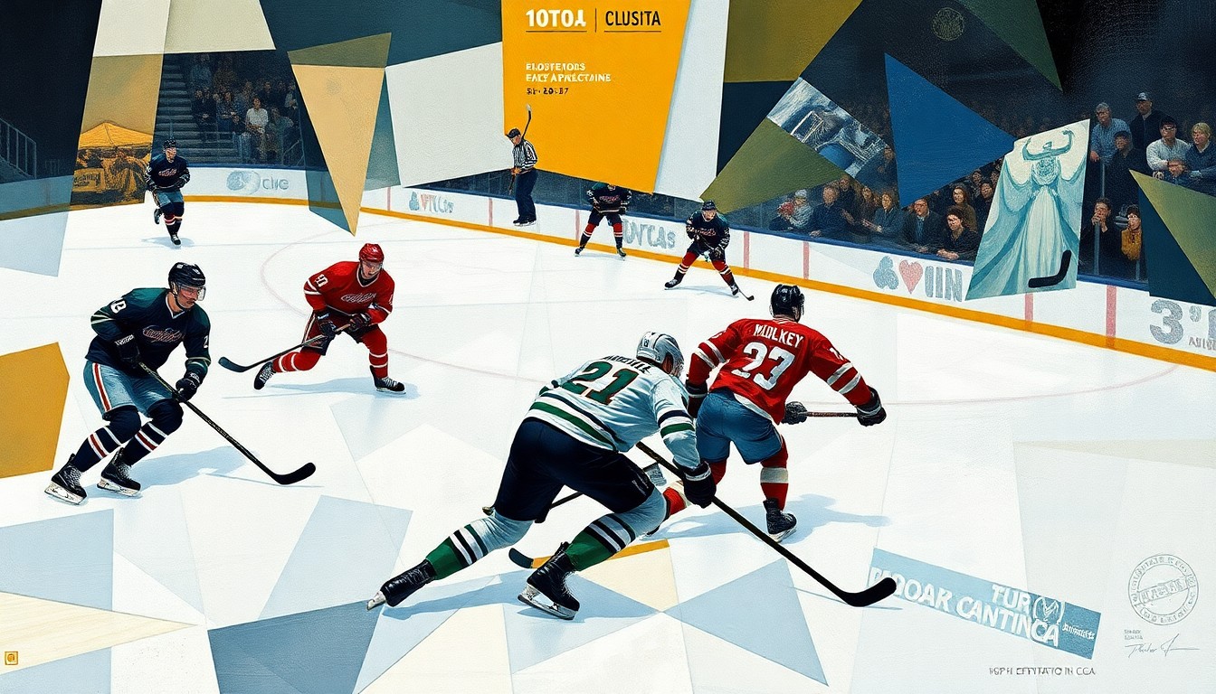 A cubist, geometric painting depicting a hockey game, with the players' forms broken down into abstract shapes and angles, capturing the dynamic energy and intensity of the sport.
