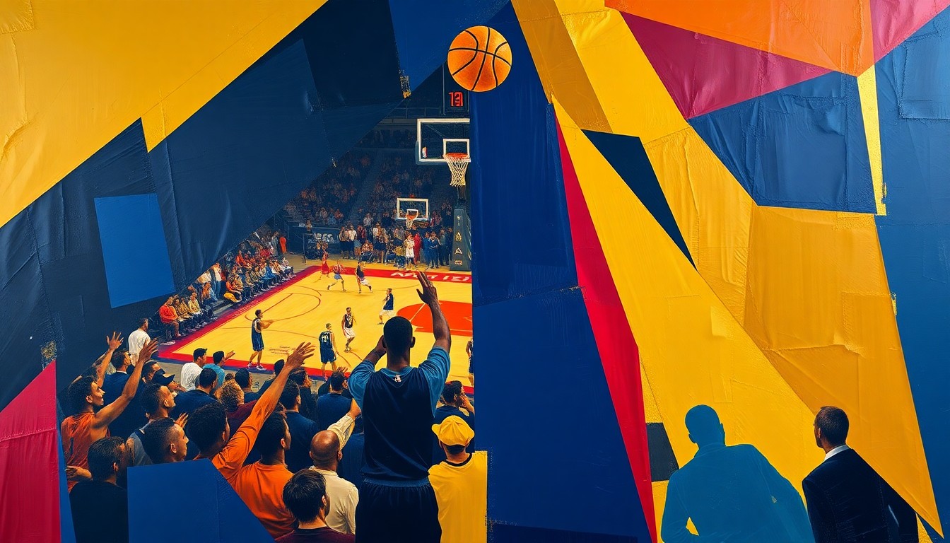 A cubist, geometric painting depicting the energy and excitement of a basketball championship celebration, with overlapping shapes and planes in navy, gold, and crimson colors.