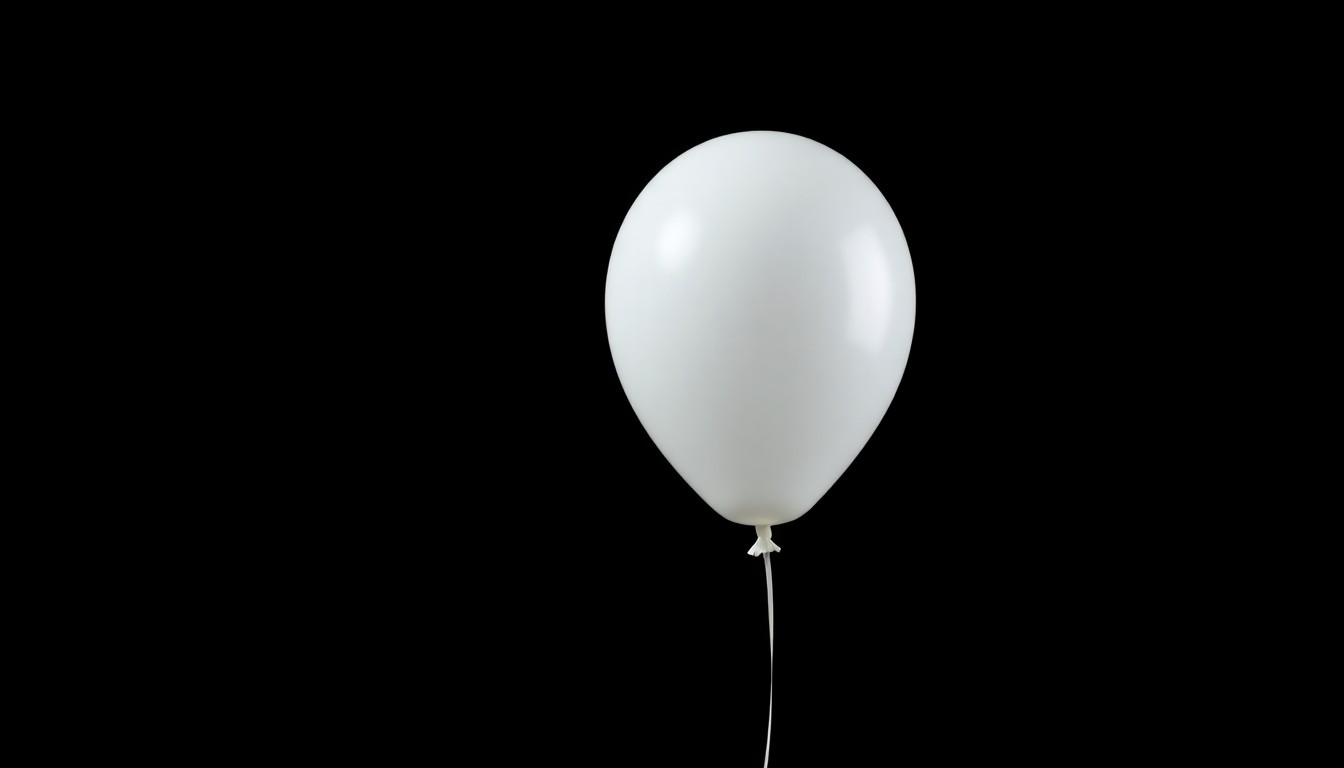 A single white balloon floating against a stark black background, the harsh flash illuminating its delicate form and evoking a sense of solemnity and loss.