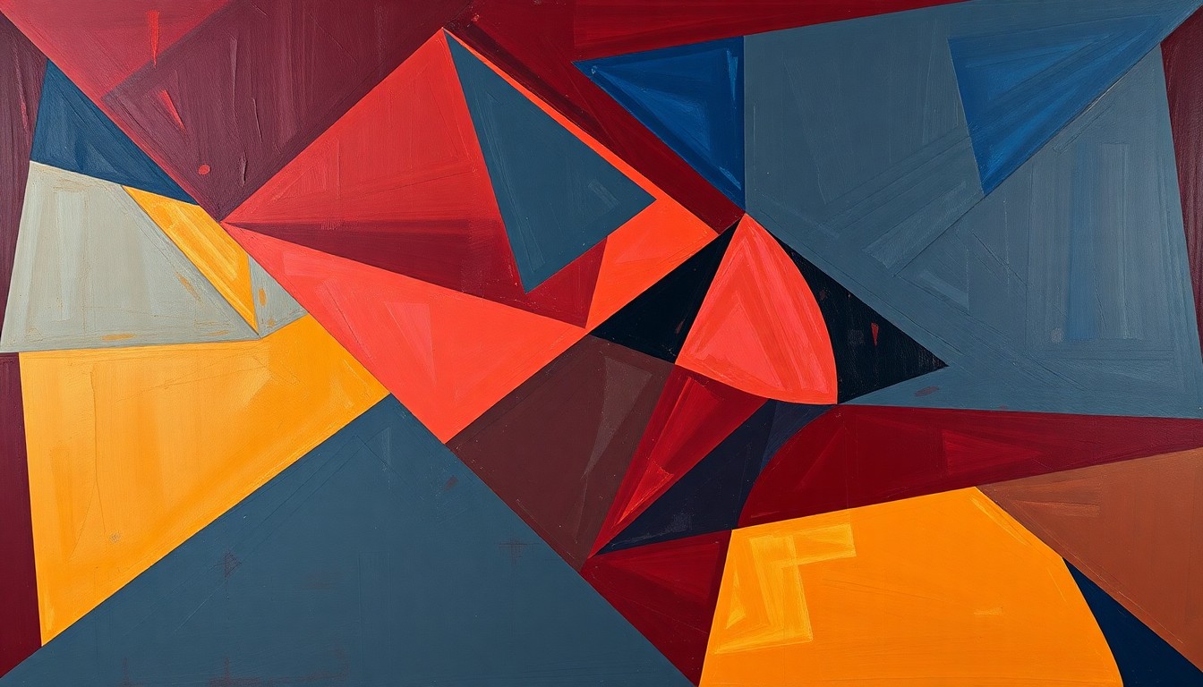 A cubist, geometric painting depicting a fragmented basketball game, with overlapping planes of wine red, navy blue, and gold, conceptually representing the Cavaliers' free throw shooting struggles and their potential impact on the team's playoff performance.