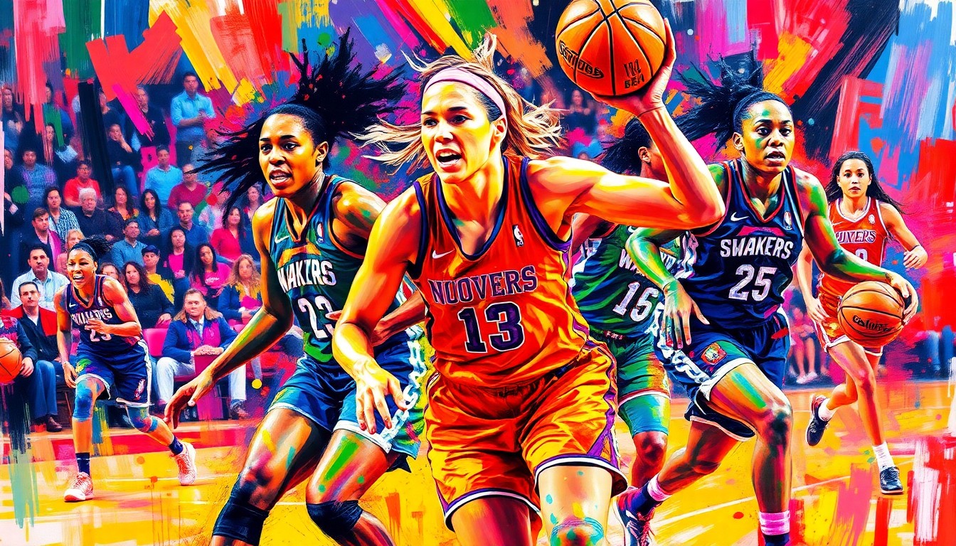 An abstract, expressionist painting in vibrant neon colors, with rapid brushstrokes conveying the raw athleticism and competitive spirit of a WNBA basketball game. The players' forms are dissolved into unrecognizable splatters, focusing the viewer on the dynamic movement and energy of the sport.