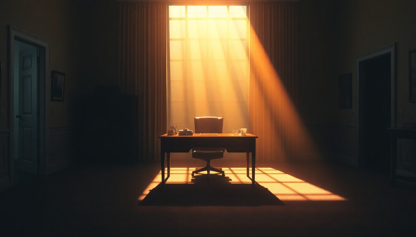 A serene, light-filled painting of an empty government office desk, evoking a sense of transition and anticipation as a new administration takes charge.