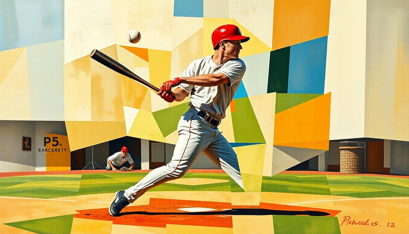 A fragmented, geometric painting depicting a baseball player being struck by a pitch, the scene broken down into sharp, overlapping planes of color and form.
