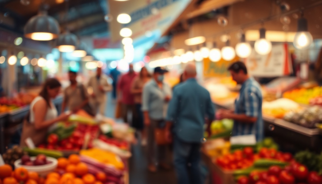 An abstract, impressionistic photograph depicting a blurred, colorful scene of a farmers market, with indistinct figures, produce, and warm lighting, conveying the vibrant energy of a community gathering.